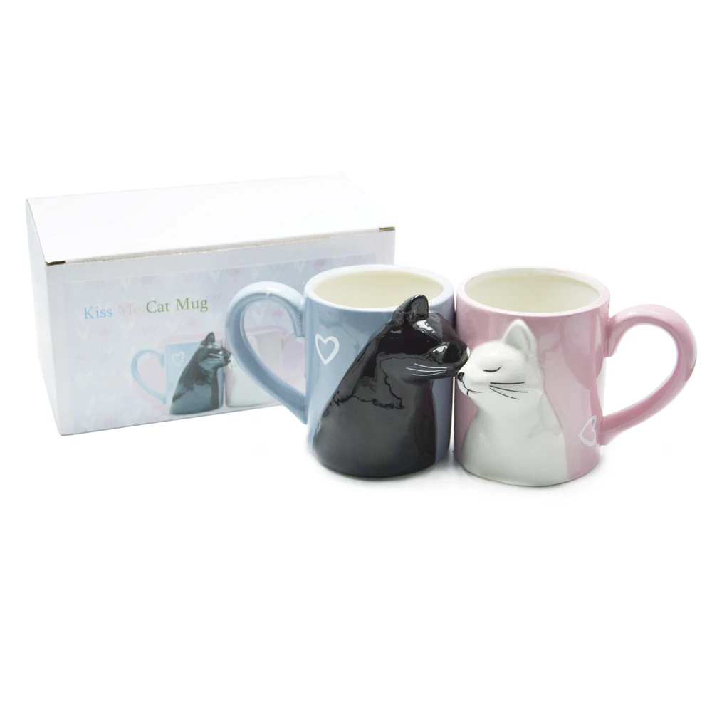 2-PCS Kiss Cat Coffee Couple Handmade Mug, Funny Tea Ceramic cup set for Bride and Groom, Matching Gift for Engagement Wedding