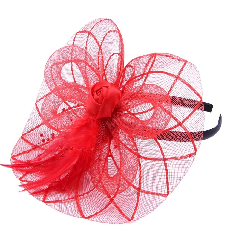 

Flower Feather Fascinator Headband Hat Wedding Prom Ladies, Red