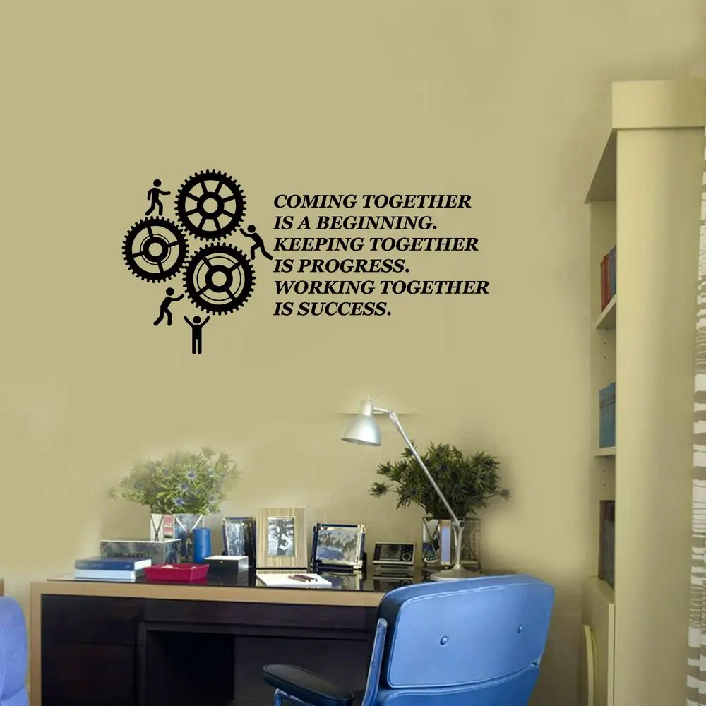 Teamwork Quote Vinyl Wall Decal Gears Pattern Office Home Decor
