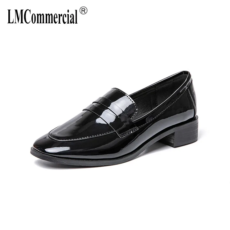 

Women's shoes British style flat shoes female retro square head thick and lacquer leather pure color loafers women casual shoes