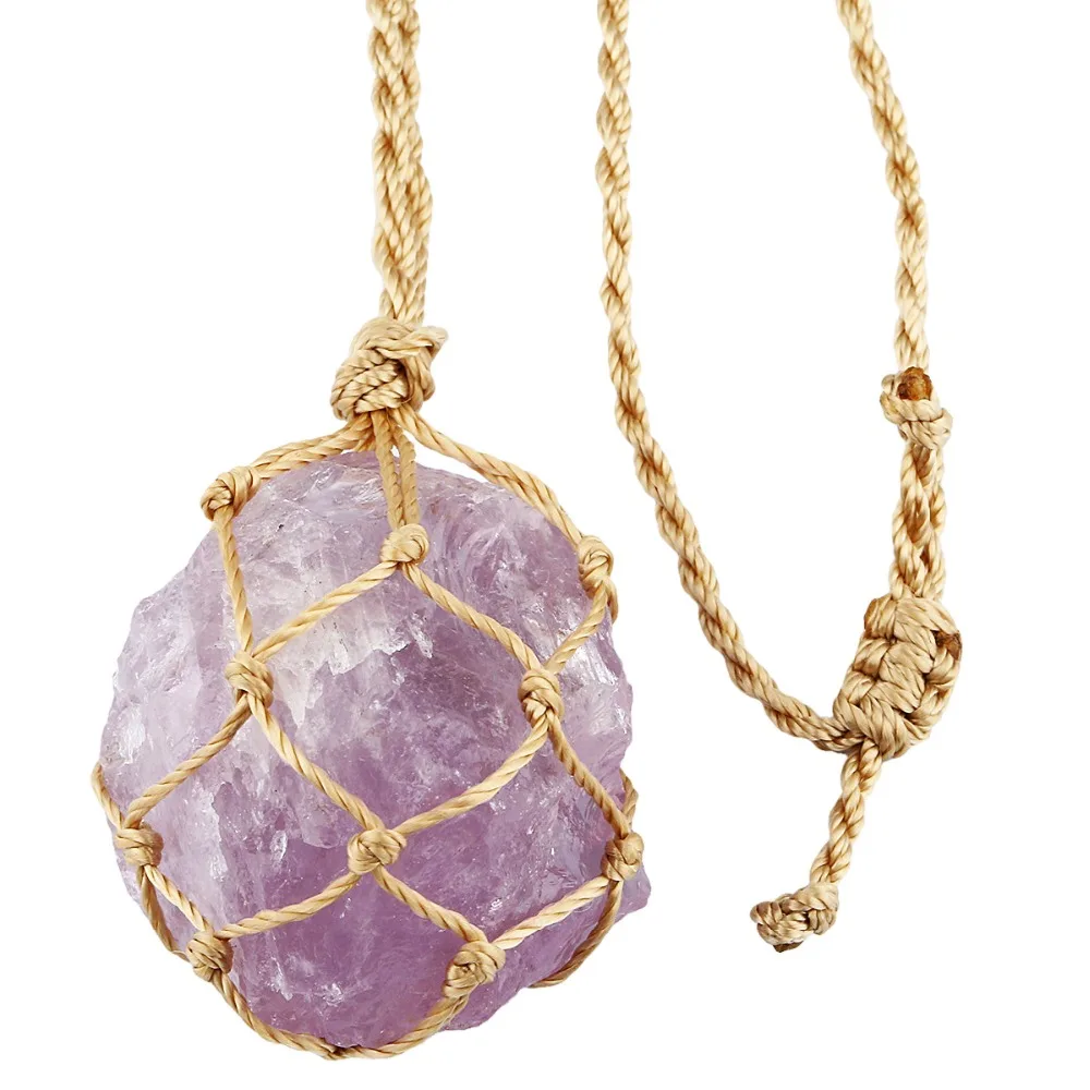 

TUMBEELLUWA 1Pc Rope Cord Braided Wrapped Natural Raw Amethyst/Rose Quartz Pendant Necklace Healing Chakra Crystal