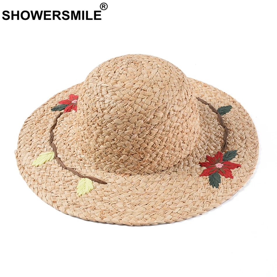 SHOWERSMILE женская шляпа из рафии с вышитыми цветами, женская шляпа от солнца на весну и лето, Цветочная бежевая Женская пляжная соломенная шляпа для отдыха