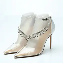 Zapatos mujer 12 см Дамские греческие сандалии на высоком каблуке со стразами Женская обувь ПВХ острый носок Модные летние свадебные