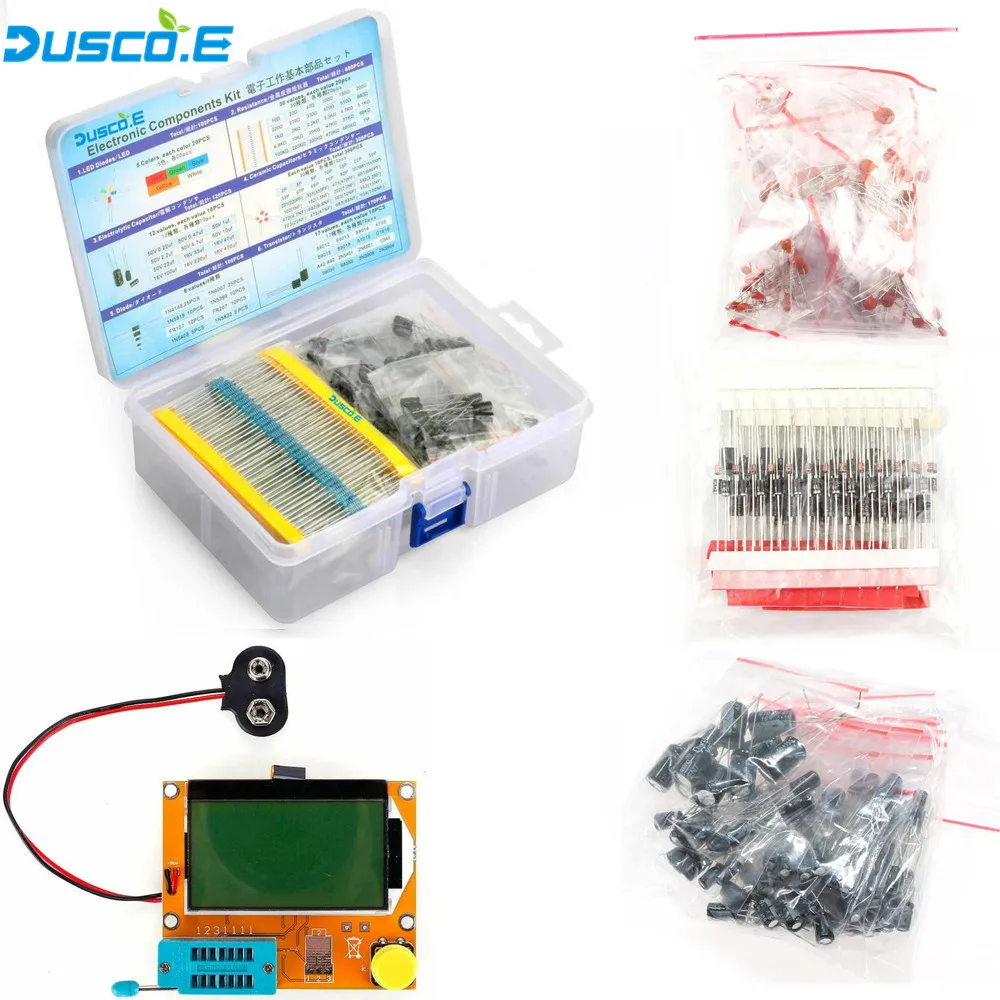 

Electronic Component Kit Total 1390Pcs ESR-T4 Digital Transistor Tester LED Diode Triode Capacitance PNP/NPN LCR TO-92 Resistors