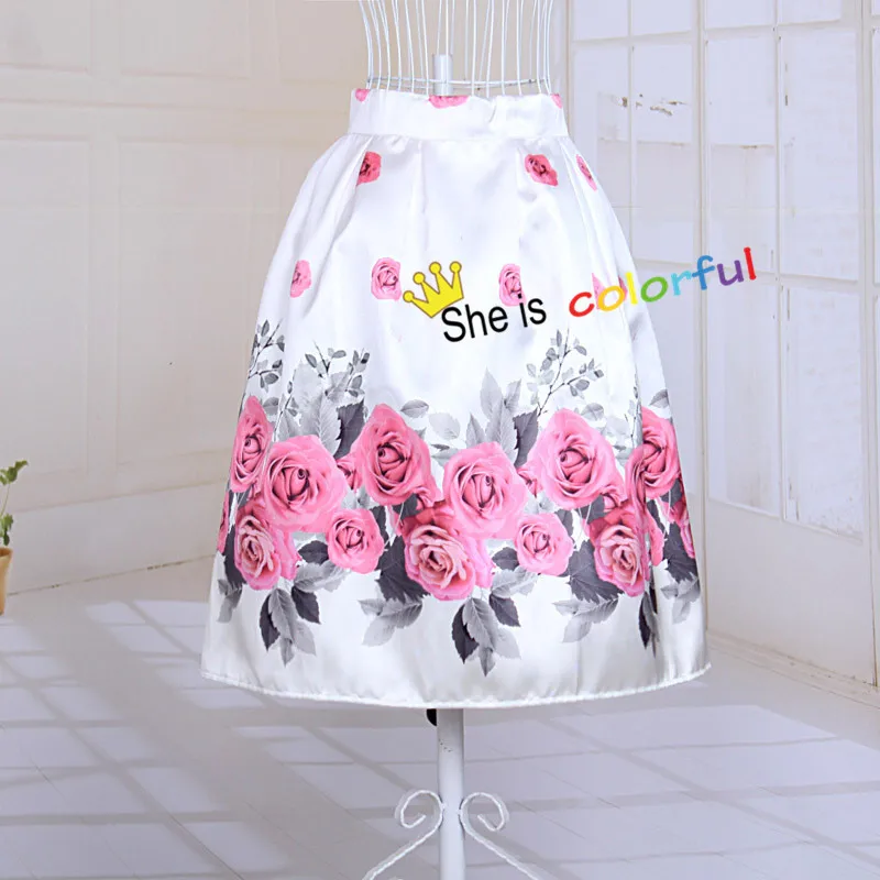 Мода, Весенняя сатиновая юбка для женщин, винтажное повседневное бальное платье в горошек с рисунком розы, плиссированная миди-юбка с высокой талией SK042