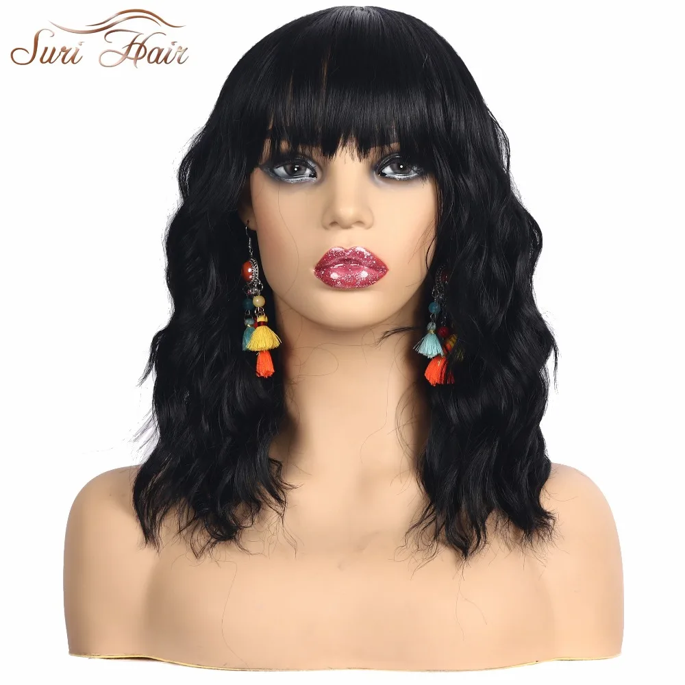 

Suri Hair 16 inches Synthetic Curly Wigs for Women African American with bangs short Black Wigs cosplay fake hair Heat Resistant