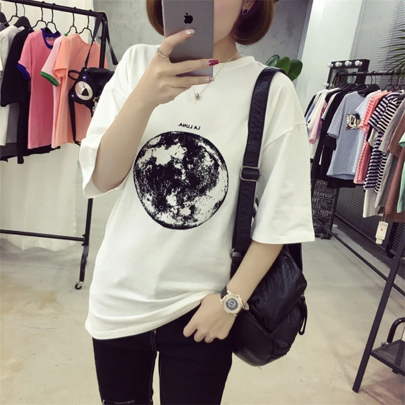 

KLV Women Female Loose Planet Printed Slim Leisure Short Sleeve Harajuku T-shirt