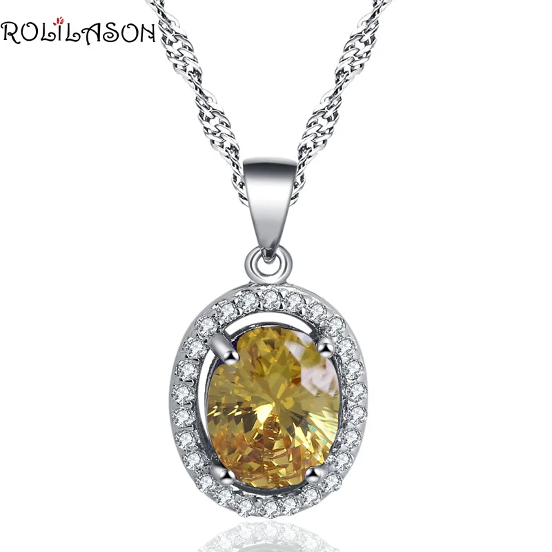 

ROLILASON Yellow Oval Design Zircon Crystal 925 Silver Necklace Pendant Fashion Christmas Preferred Gift Lady pendant LN690