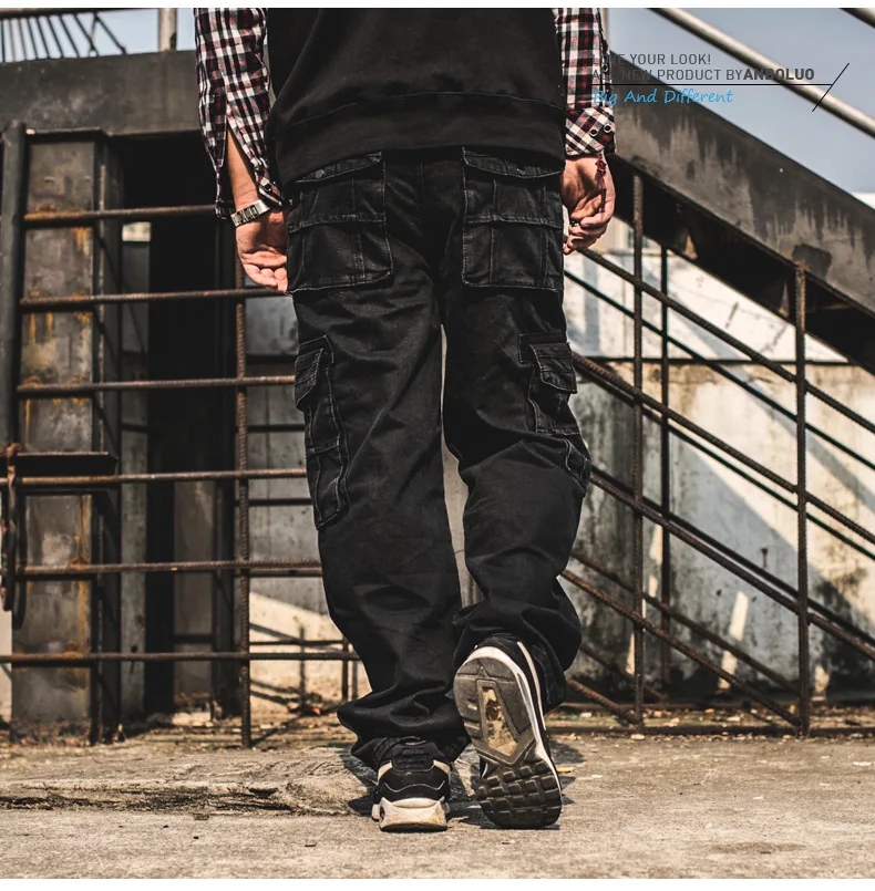 Japan Style Brands Mens Hip Hop Baggy Jeans Multi Pocket Men Casual Loose Fit Black Cargo Jeans Plus Size 34 36 38 40 42 44 46 