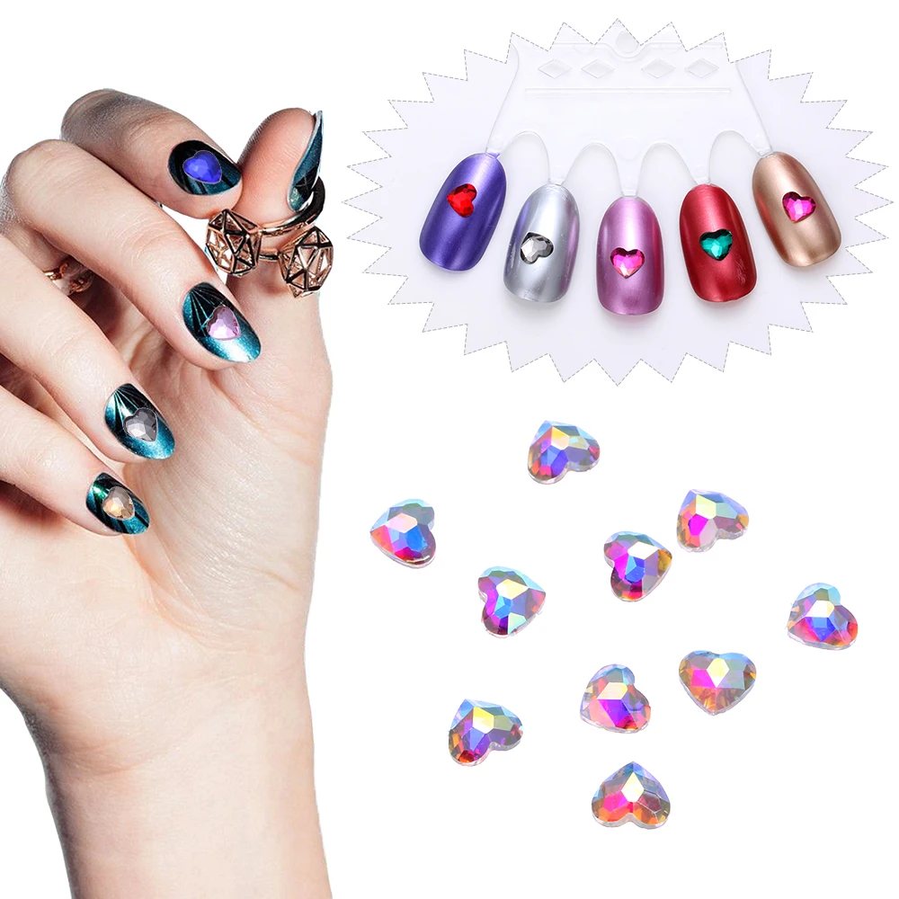 

10pcs Flatback Colorful Heart Nail Rhinestones For Nails Art Decorations Crystal Glass Stone Manicure 3D Shiny Strass Gem Stones