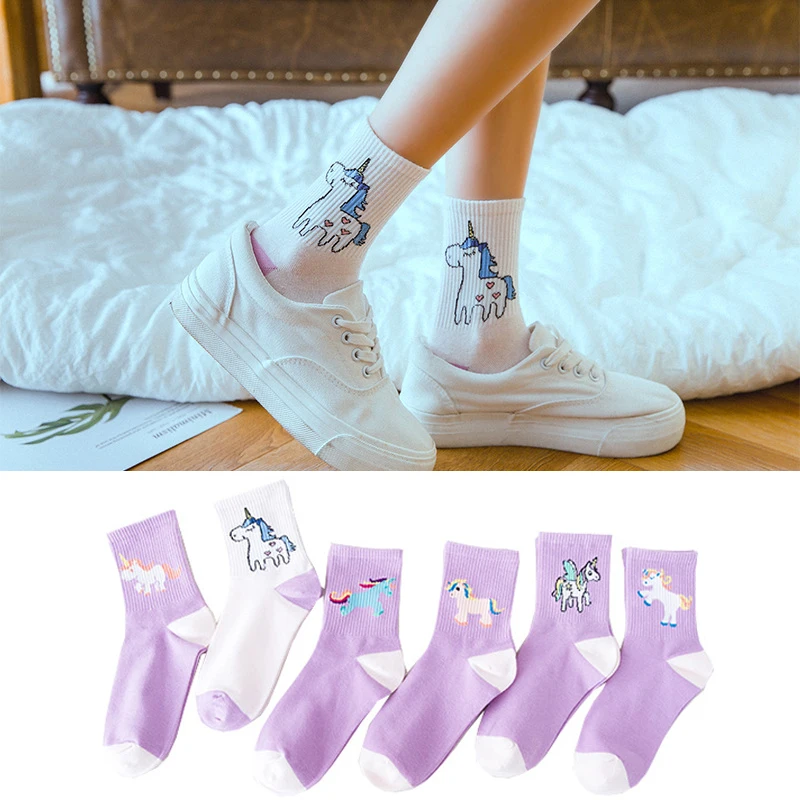 

Autumn Winter Women Socks Cartoon Short Socks Unicorn Color Women Ladies Socks Cotton Animal Print Chaussettes Femme