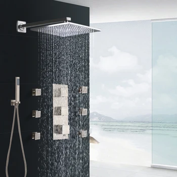 

Nickel Brushed Bathroom Thermostatic Shower Faucet Set 8/10/12 Inch Shower Rain Head 3-Function Shower Set Mixer Tap Wall Mount