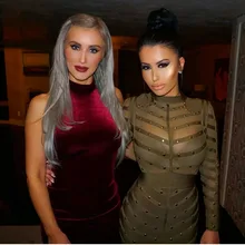 2017 Summer Bandage Dress Women Cerebrity Party Long Sleeve Olive Green Mesh Patchwork Beading Celebrity Sexy Dress Wholesale