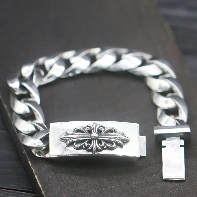 

925 Sterling Silver Smooth Cross Thai Silver Bracelet Tall Men And Women Simple Personality Long Paragraph Korean Version