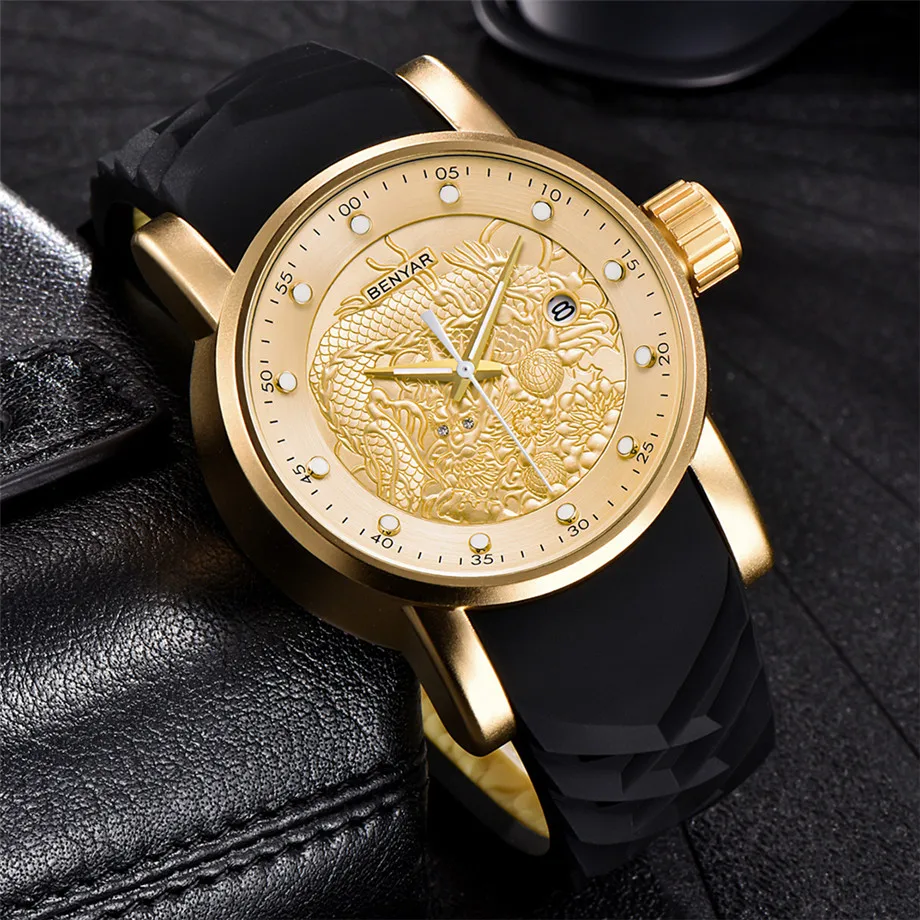 BENYAR Men Wristwatches 3D Chinese Dragon Carving Dial and Band Date Display Waterproof 30m Business Quartz Watch heren horloge (9)