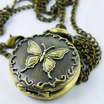 

Decorative Bronze Pocket Watch with Butterfly Motif and Chain