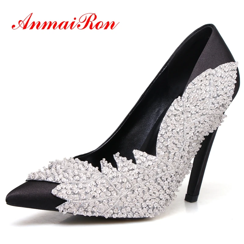 

ANMAIRON Silk Pointed Toe Casual Slip-On Zapatos De Mujer High Heel Shoes Women Fashion Crystal Pumps Size 34-39 LY518