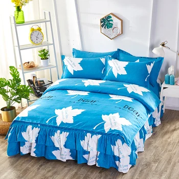 

Luxury Bedding Set Pink Blue Duvet Cover Set Queen Size Bed Skirt Valentine Plant Flower Sanding Bed Skirt