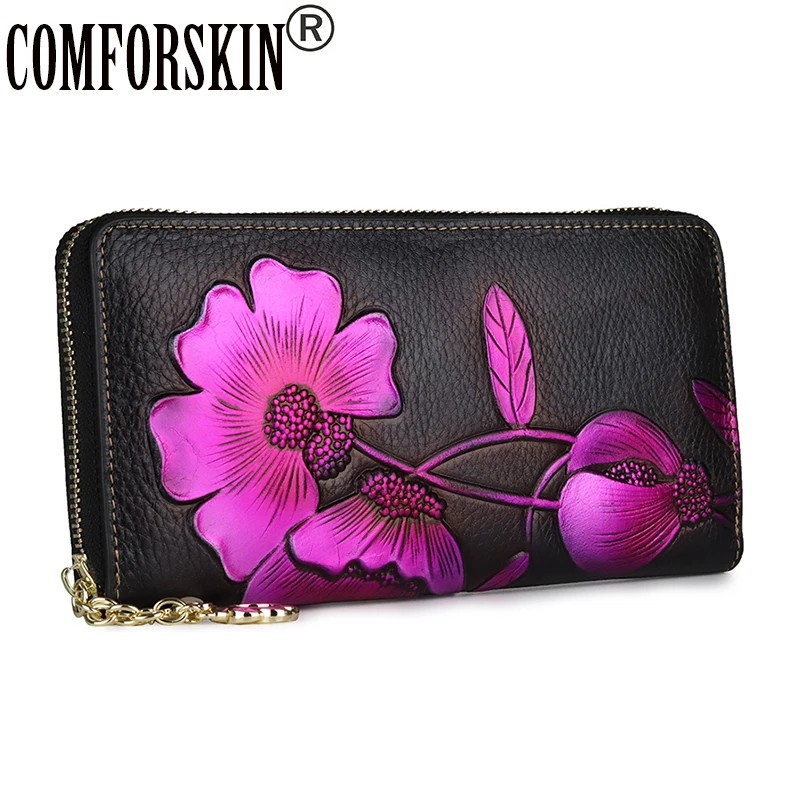 

COMFORSKIN High Quality Cowhide Leather Long Flower Style Wallet New Arrivals Large Capacity Multi-Card Bit Ladies Zipper Purse