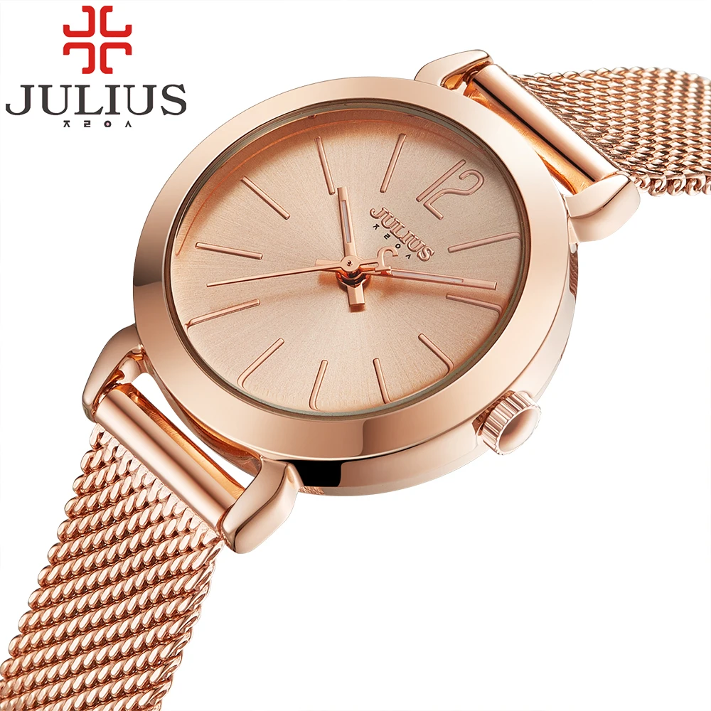 Kopen 2018 Julius Brand Dames Vrouwen Jurk Horloges Dunne Quartz Horloge Steel Mesh Band Luxe Gouden Armband Polshorloge Relogio Feminino