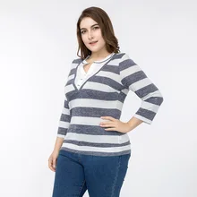 

High quality Gray And White Striped Woman shirts Casual V-Neck Patchwork Long Sleeve Women's Blouses 2018 Spring Plus Size 5XL