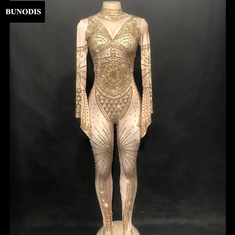 

ZD257 Women Sexy Skin Color Jumpsuit Full Of Gold Sparkling Crystals Bodysuit Nightclub Party Birthday Celebrate Customes