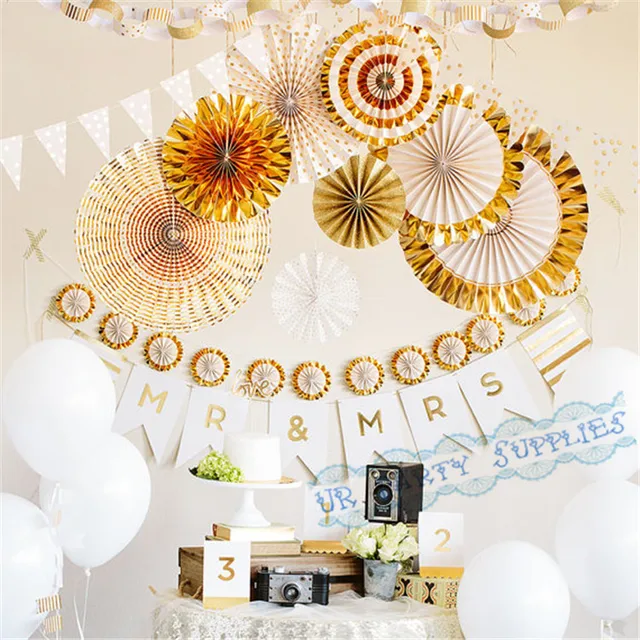 10 sets 80pcs foil gold party pinwheel backdrop paper rosette