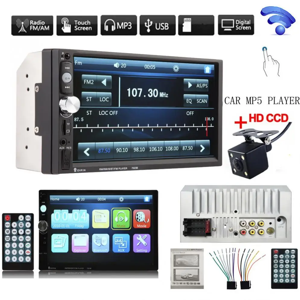 

7023B 7 Inch HD Bluetooth Car Stereo Radio In-Dash Touch screen 2 DIN FM MP5 Player + 420 TV Lines IR Camera