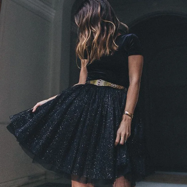 

England Style Shiny Sequins Tulle Skirts Women Party Prom Fashion Elastic Waist Tutu Skirt Elegant ytl0068 F048
