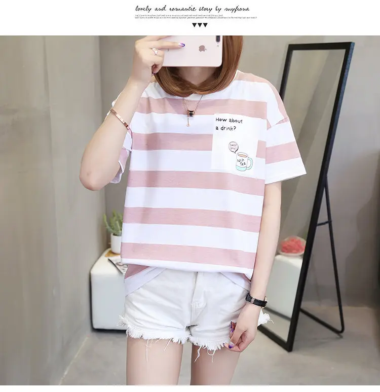 New 2018 Fashion Candy Colors Striped T-shirt Women Summer Short Sleeve Tshirts Ladies T-shirts Letter Print Camiseta Mujer (3)