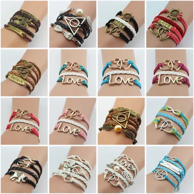 

Cool Bracelets Vintage Owl Bird Anchor wing infinity bracelet multi-layerMulticolor woven leather bracelet & Bangle FCB002