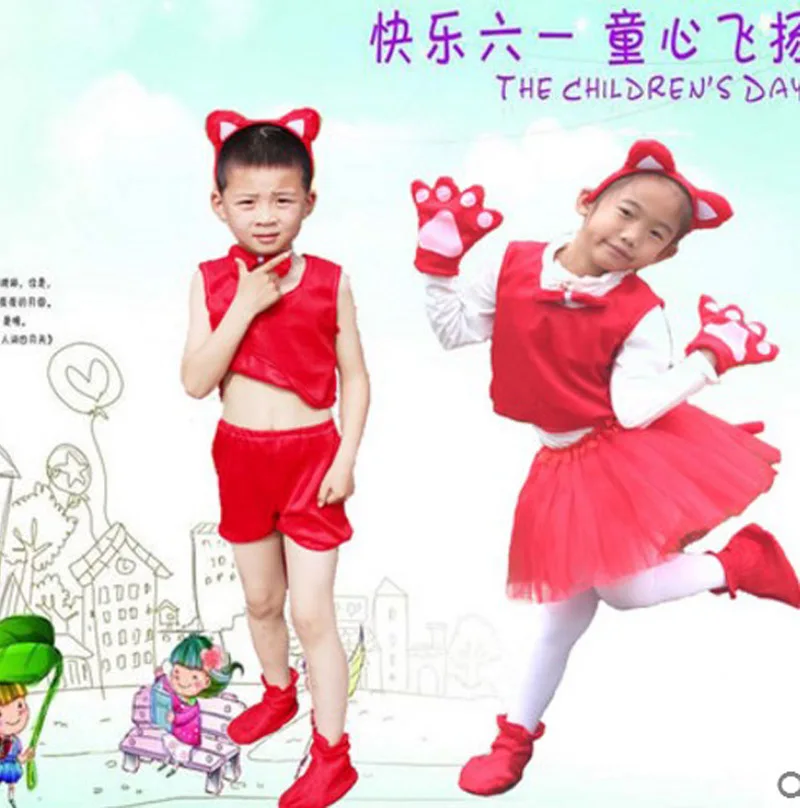 

Halloween party cosplay children boy girl animal red fox costume set headband clothes shoes tail tutu skirt gloves for kid