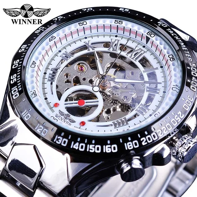 Top Brand Luxury Automatic Wristwatch Winner Classic Series Golden Movement Inside Silver Stainless Steel Mens Skeleton Watch - Цвет: white sliver