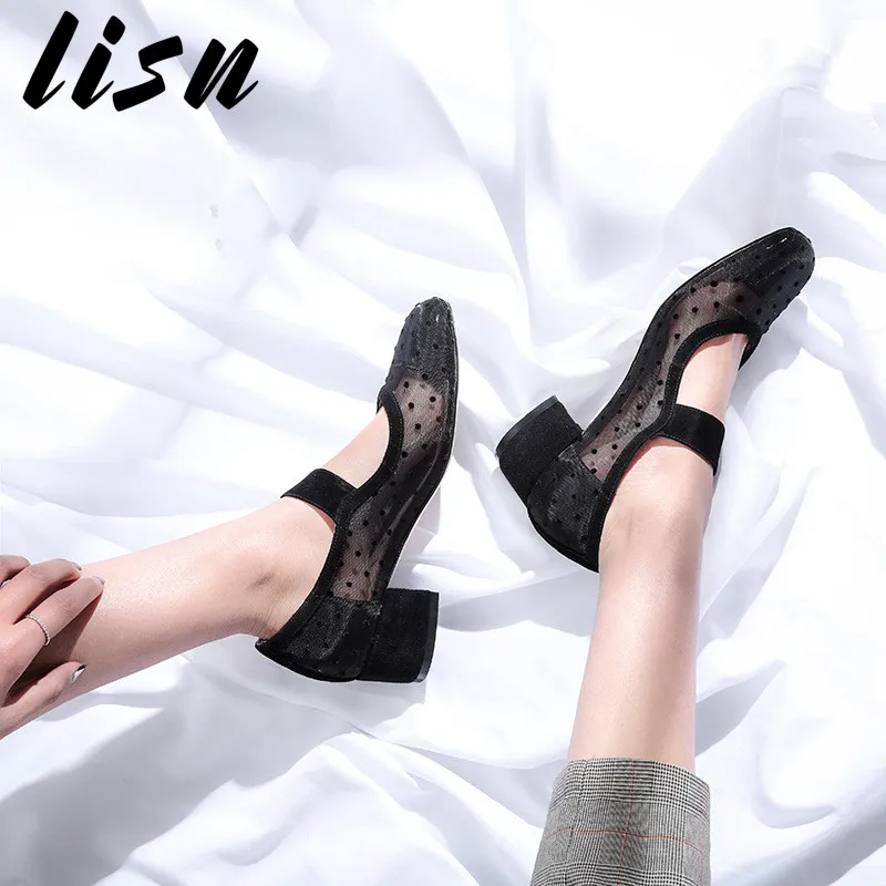 

LISN New Breathable Mesh Small Dot Summer Sandals Round Toe Buckle Strap HIgh Hees Pumps Sandals Shoes Women