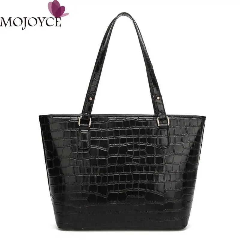 

Female Fashion Solid Color Alligator Pattern Shoulder Handbags Women Leather Large Capacity Totes Lady Casual Black Shoulder Bag