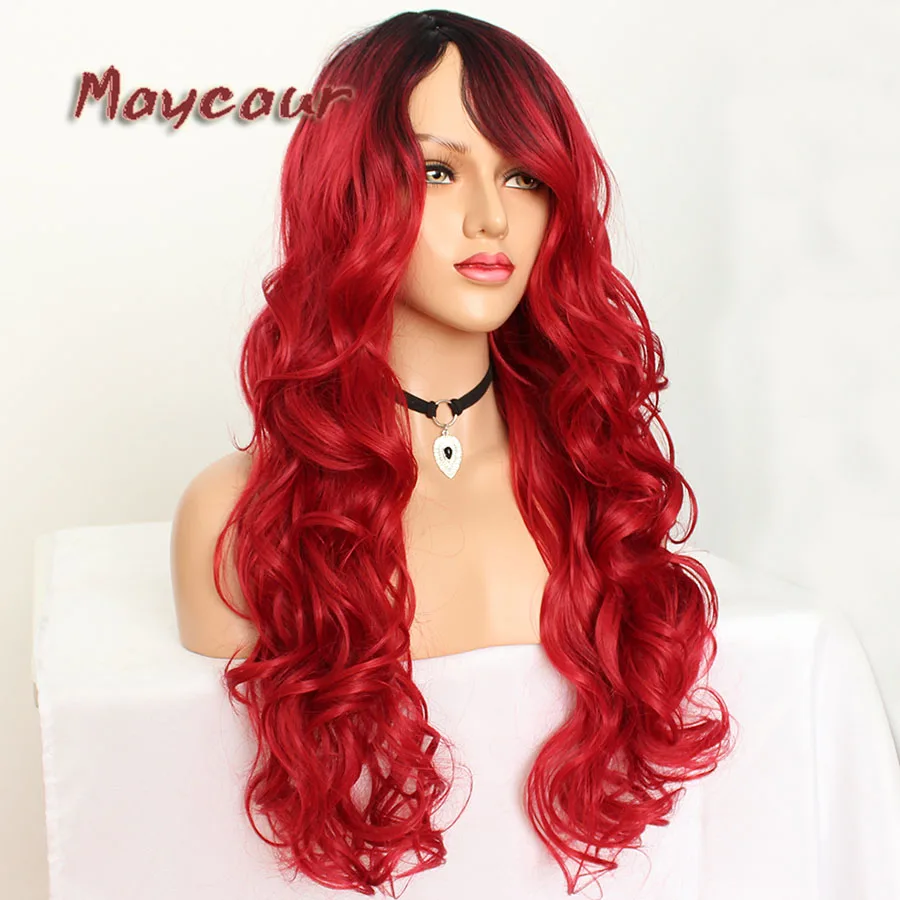 Maycaur Glueless Black Long Wavy Wig with Side Bangs Synthetic Hair Wigs for Women Heat Resistant Fiber Hair Wigs (13)