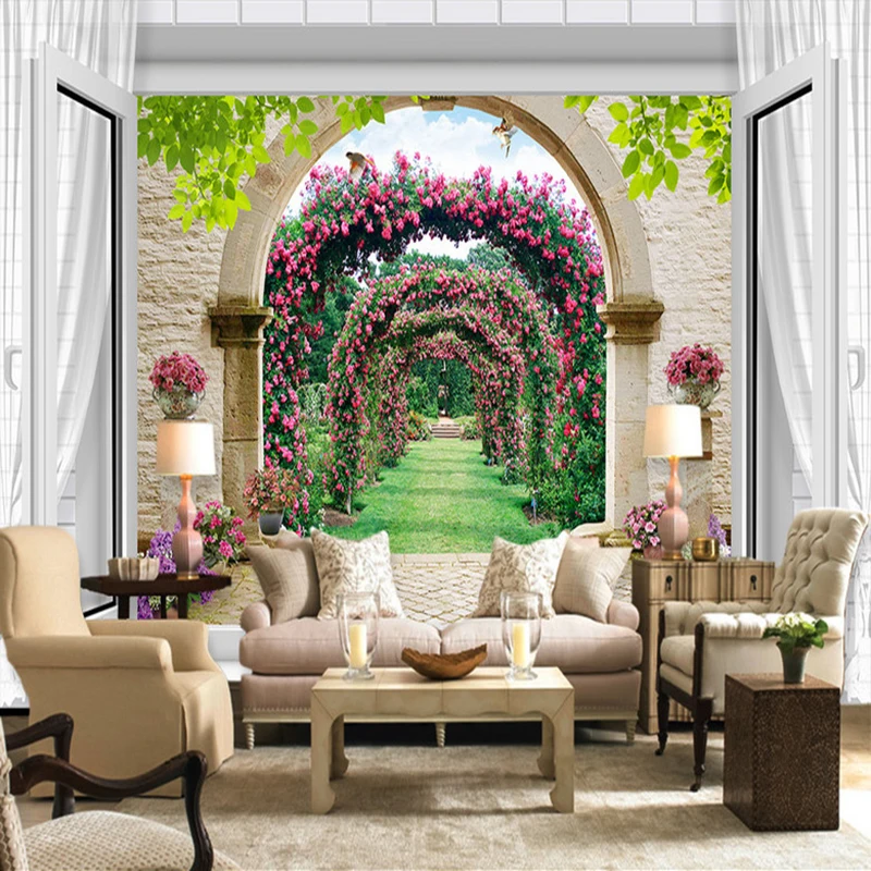 Европейский стиль 3D окно пространственное расширение арки цветок лоза маленькая дорога настенной бумаги гостиная фон фото обои