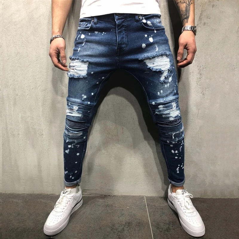 

Men Fashion Streetwear hip-hop Splashing ink Holes biker Skinny jeans knee Pleated Ripped motorcycle Slim Elastic denim pants
