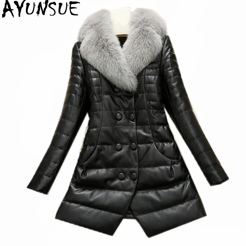 AYUNSUE 2018 Genuine Leather Jackets Fox Fur Collar Coat