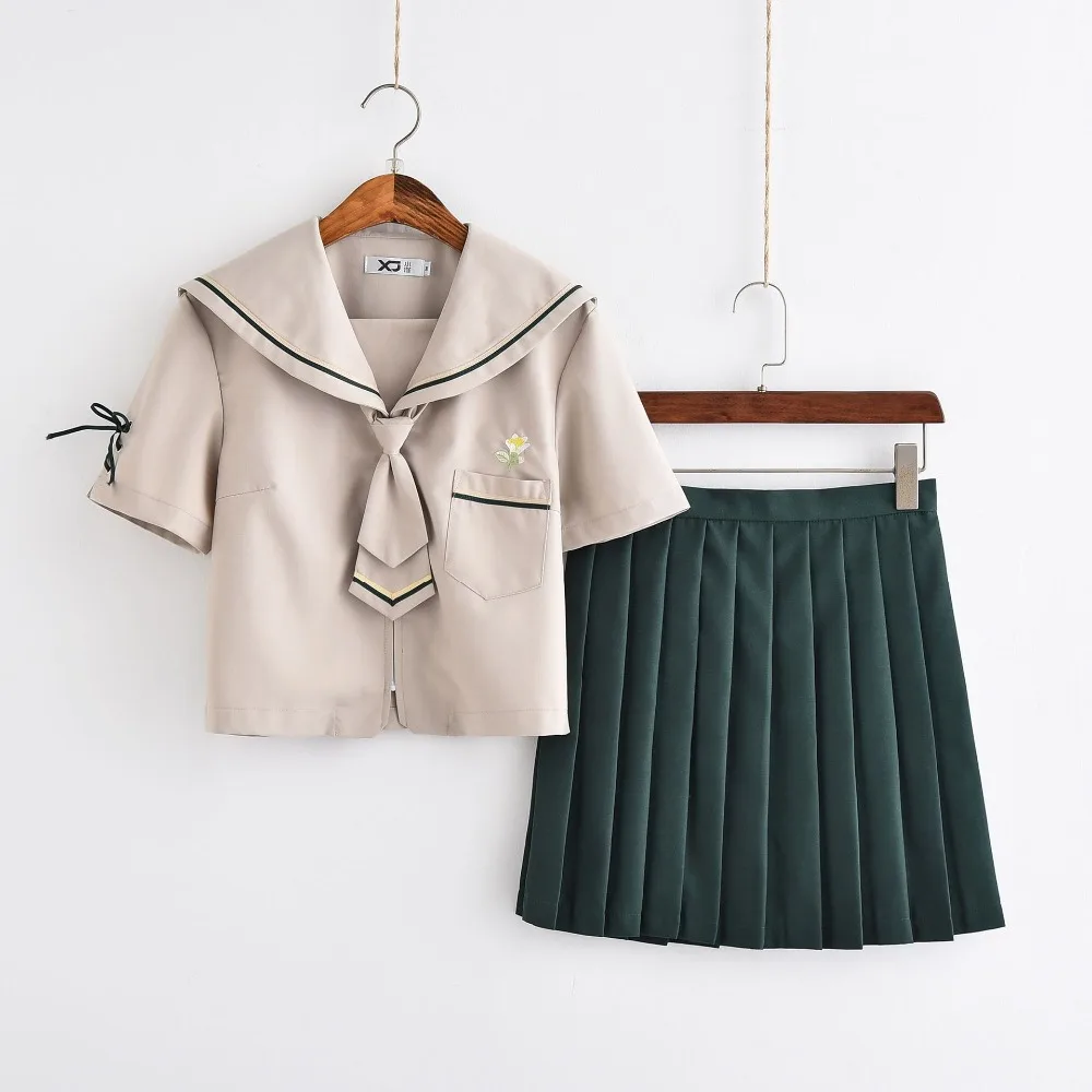 Лидер продаж, костюмы для девочек в японском стиле с коротким рукавом, бежевая рубашка + зеленая юбка, школьная форма, одежда для школы
