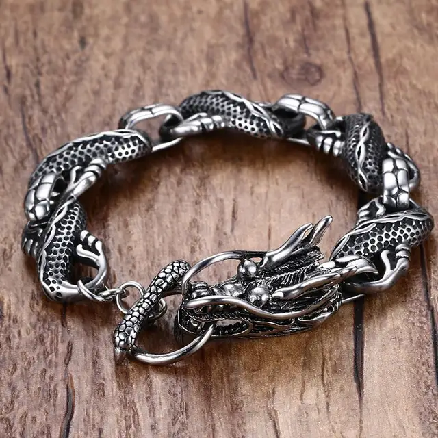 Mens Dragon Themed Link Bracelet With Toggle Clasp Silver Color Men Mens Dragon Themed Link Bracelet With Toggle Clasp Silver Color Men Punk Bileklik Stainless Steel Jewelry