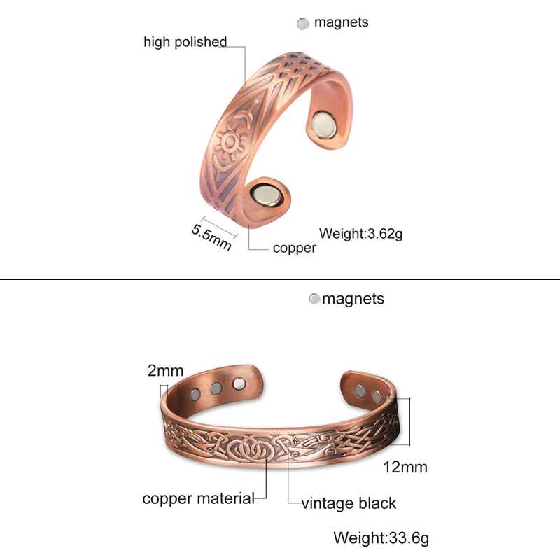 Vinterly магнитный медный браслет кольцо энергия здоровья Ювелирные наборы для женщин мужчин винтажные регулируемые манжеты кольцо браслеты