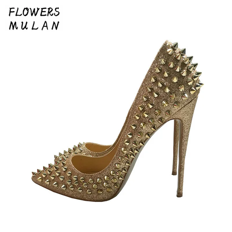 Genuine Leather Glitter Spikes Women Summer Shoes Studded Rivets Silver Gold Heels Shoes Women Large Size 34-45 Stiletto Shoes