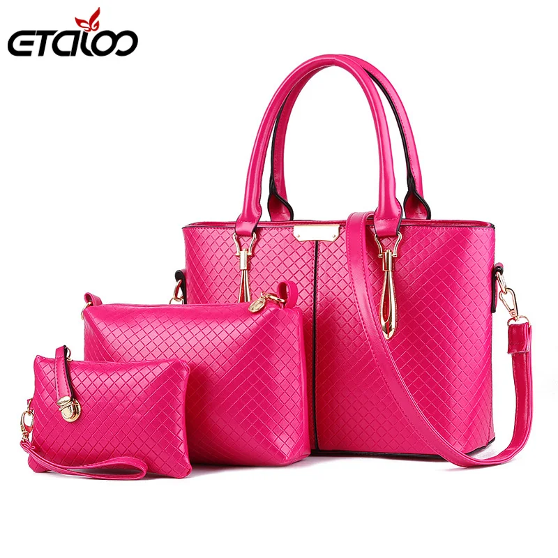 Женские сумочки сумки женские Европа и США мода, женская большая сумка на плечо сумка 3 предмета в комплекте - Цвет: Ярко-розовый