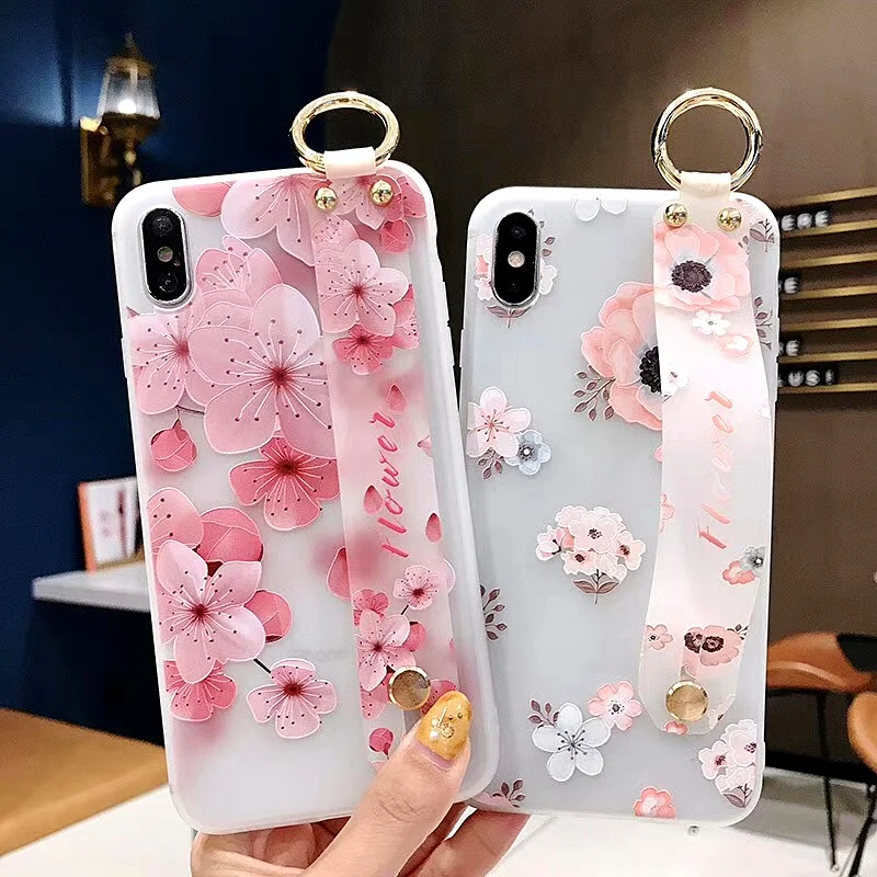 PINK LIPS Flower Case For iPhone X XR XS Max 3D Relief Floral For iPhone X 8 7 6 6S Plus 5 5s SE With Wristband Soft Phone cover  (7)