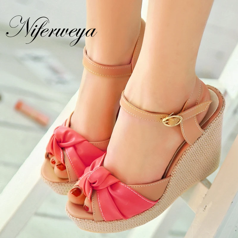 

2017 New summer women shoes fashion Peep Toe High heels bowknot decoration Wedges sandals Size 32-43 small size 31 32 CHD-D33