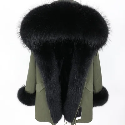 Зимняя женская куртка, пальто из натурального меха енота, воротник из кроличьего меха, Толстая теплая уличная одежда, бренд класса люкс, отстегивается - Цвет: green black A