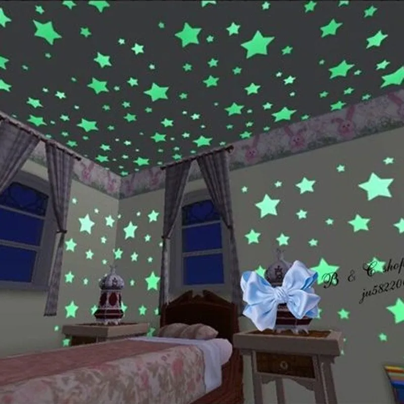 100 Glow In The Dark Plastic Stars Wall Sticker Kid Bedroom Room Ceiling Decor 