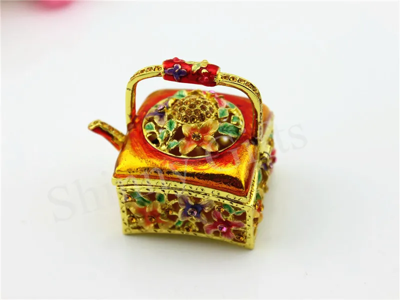 Handmade Teapot Trinket Box Pewter Enamel Ornament Christmas Gifts