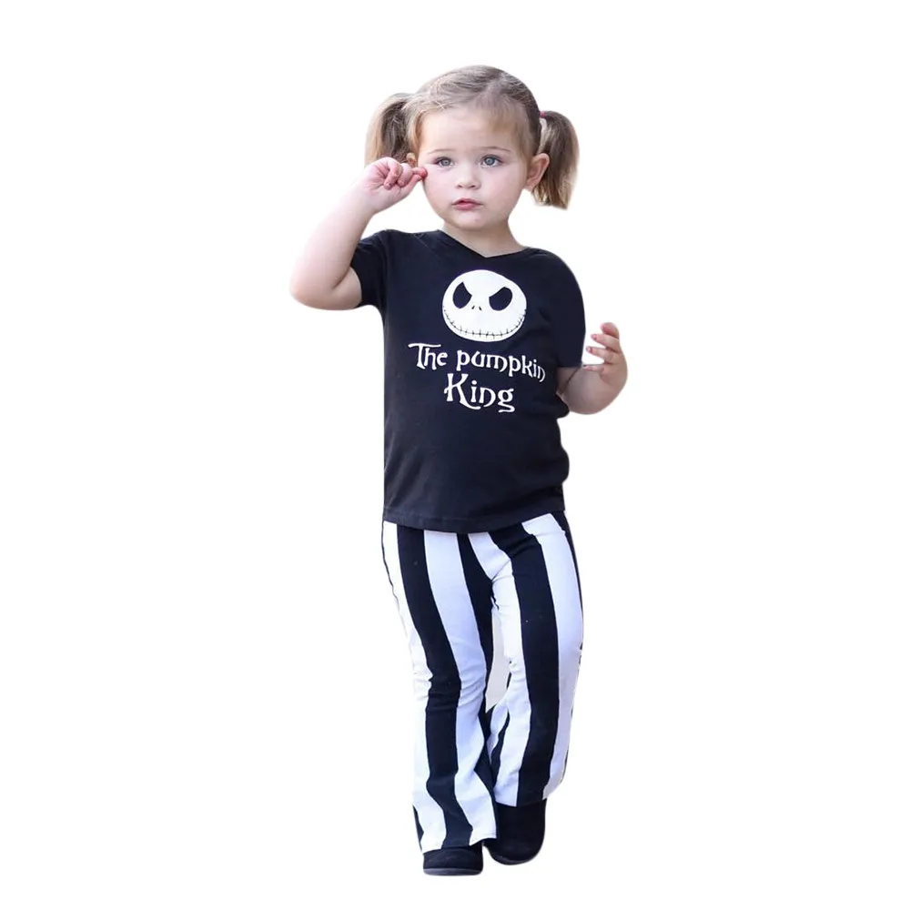 Дети череп футболка для маленьких девочек топы в полоску брюки-клеш на Хэллоуин комплект одежды